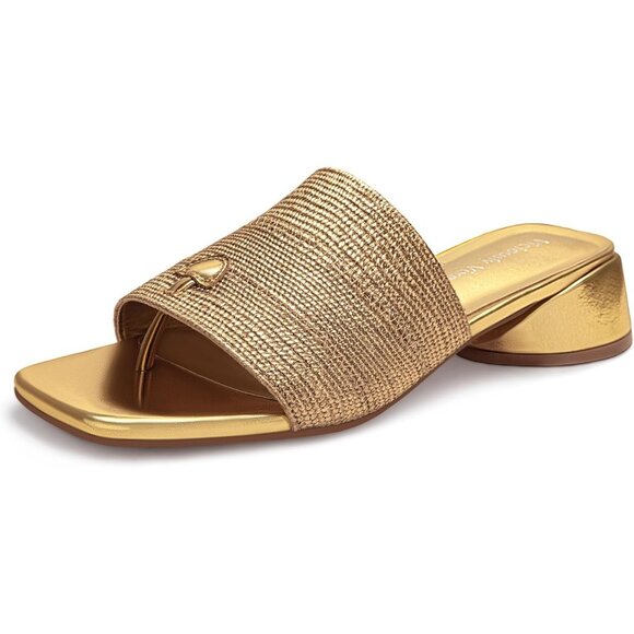 Gold Elegant Women Heels Stylish Slip On Block Heel Sandals Comfortable Shoe - Picture 1 of 6